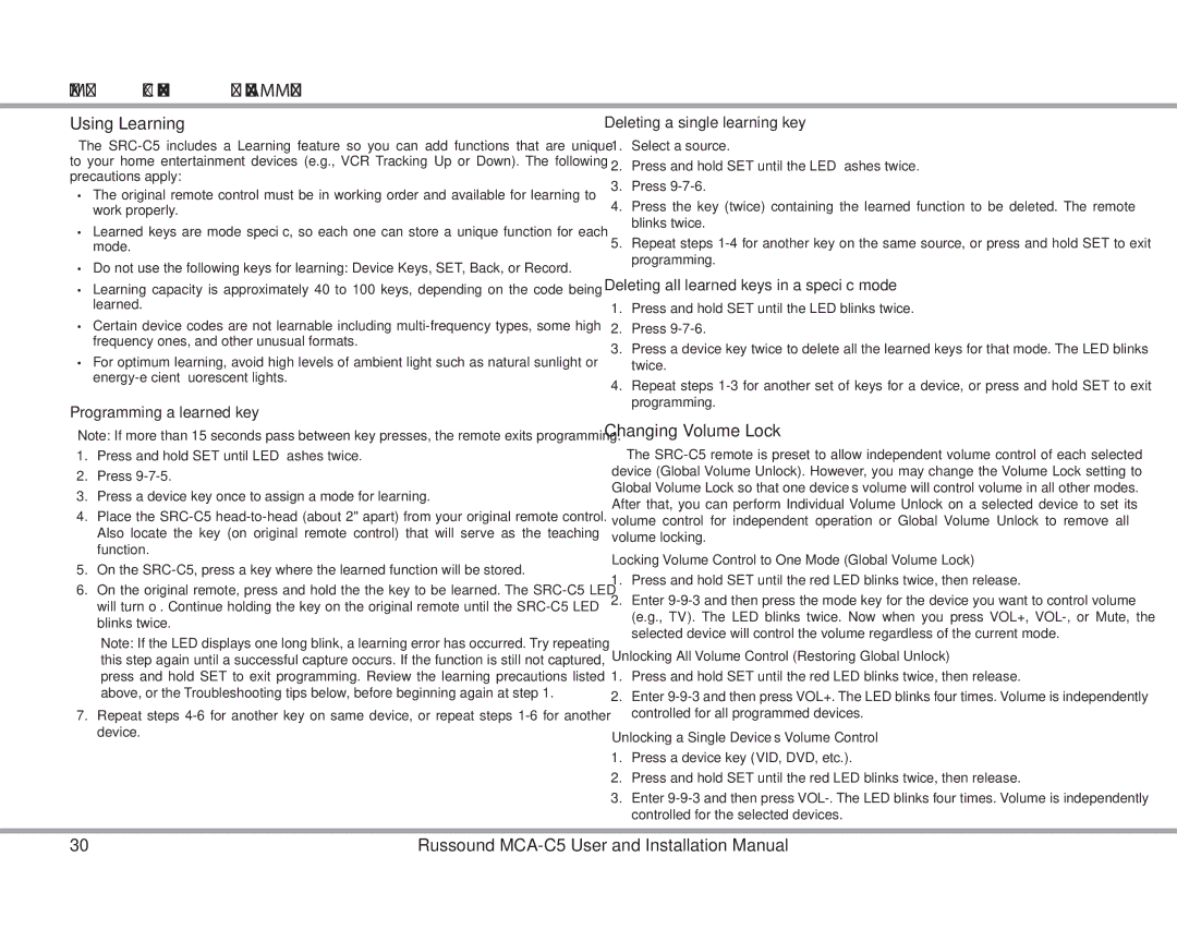 Russound MCA-C5 installation manual Remote Control Programming, Using Learning, Changing Volume Lock 