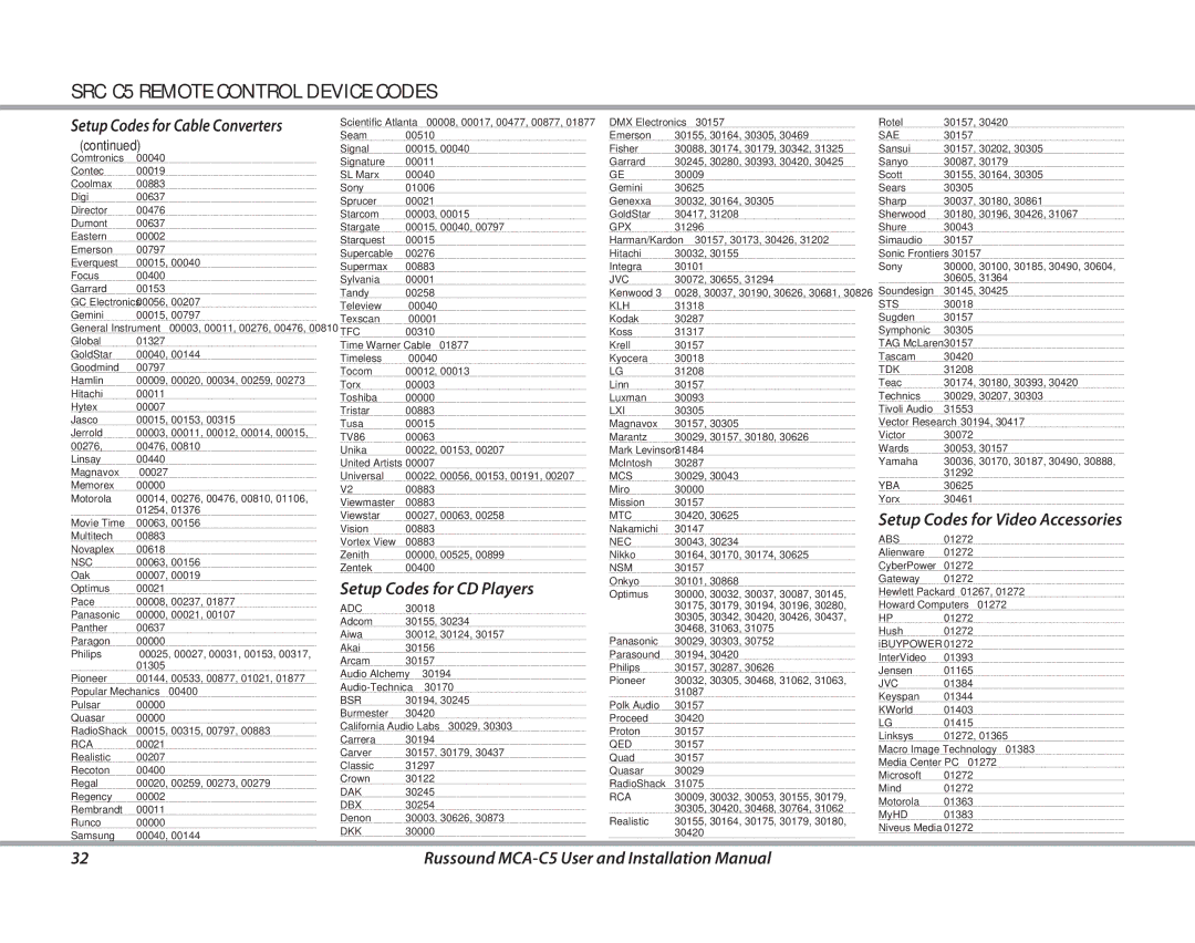 Russound MCA-C5 installation manual Setup Codes for CD Players, Setup Codes for Video Accessories 