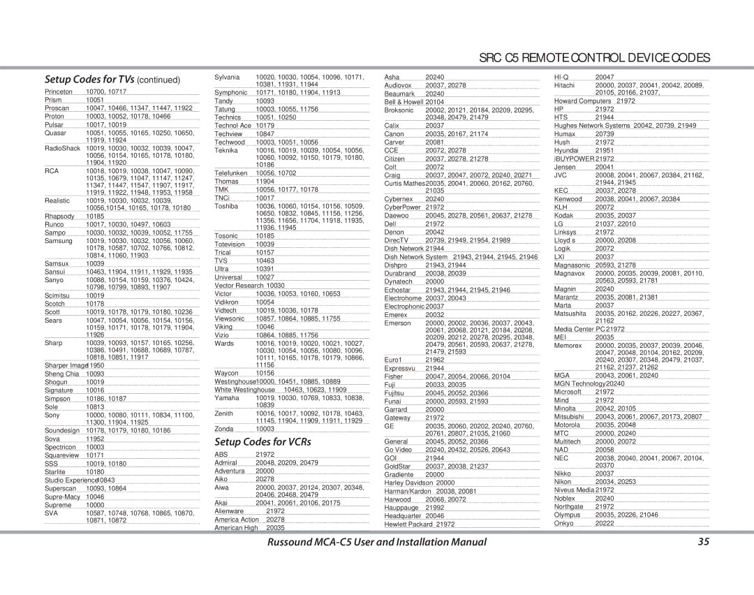 Russound MCA-C5 installation manual Setup Codes for VCRs, Tmk 