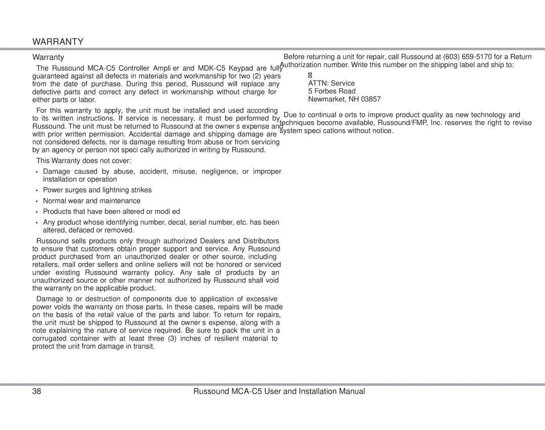 Russound MCA-C5 installation manual Warranty 