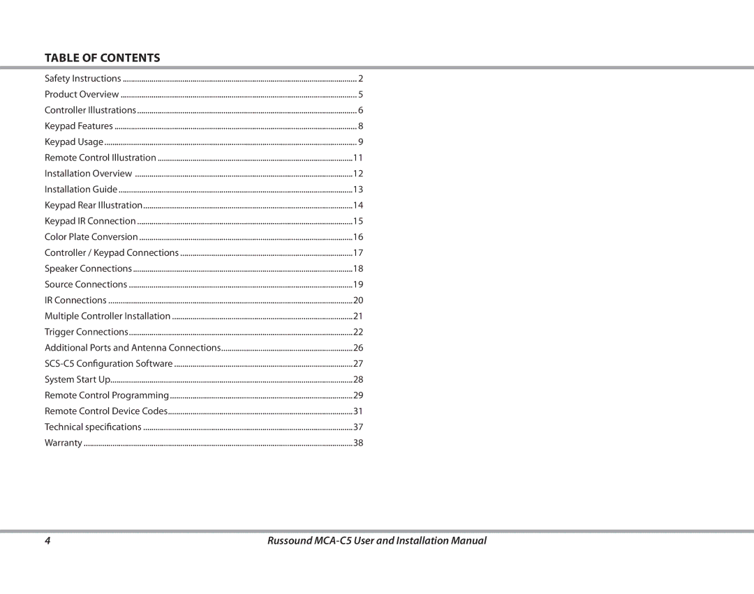 Russound MCA-C5 installation manual Table of Contents 