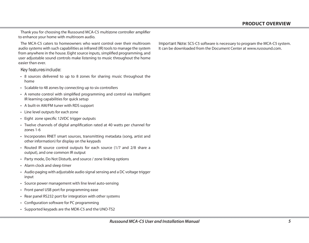 Russound MCA-C5 installation manual Product Overview, Key features include 