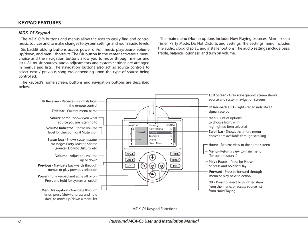 Russound MCA-C5 installation manual Keypad Features, MDK-C5 Keypad 