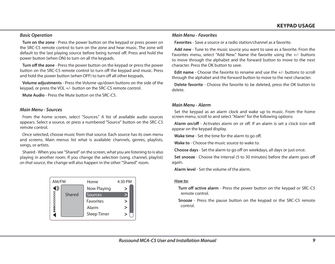 Russound MCA-C5 installation manual Keypad usage, Basic Operation, Main Menu Favorites, Main Menu Sources, Main Menu Alarm 