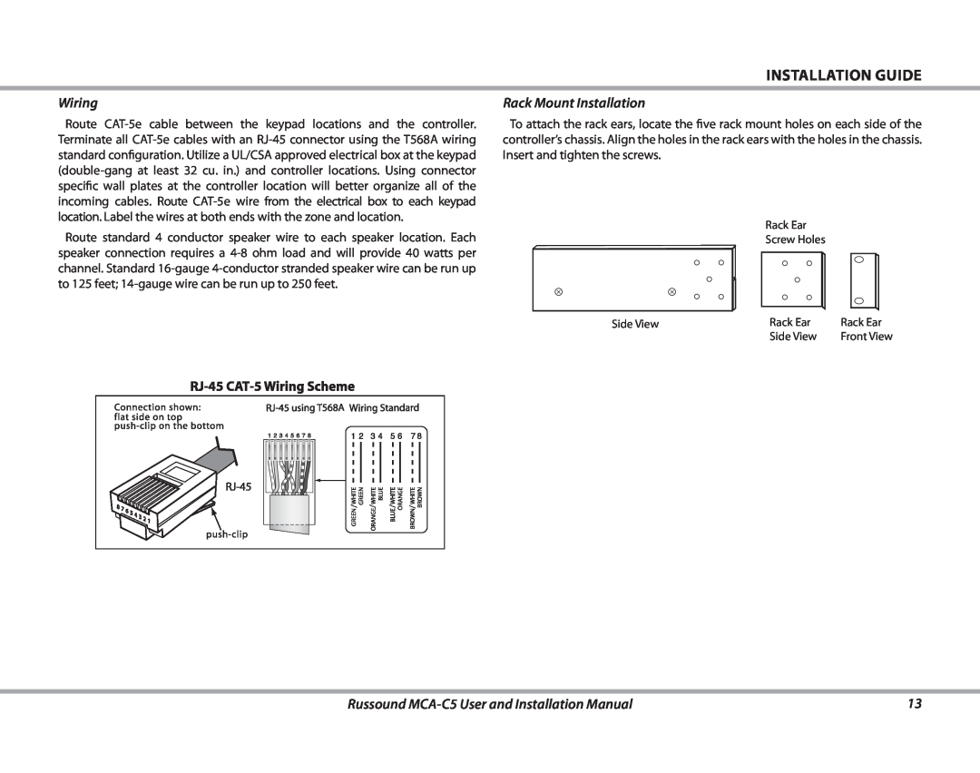 Russound Installation Guide, Wiring, Rack Mount Installation, Russound MCA-C5User and Installation Manual 