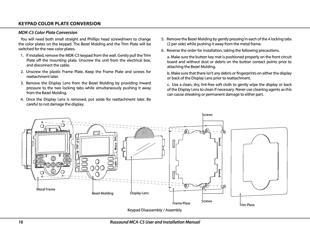 Russound Keypad Color Plate Conversion, MDK-C5Color Plate Conversion, Russound MCA-C5User and Installation Manual 