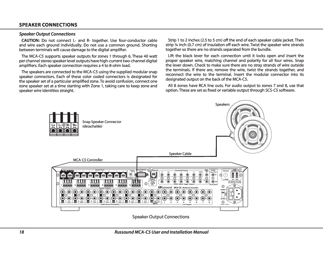 Russound Speaker connections, Speaker Output Connections, Russound MCA-C5User and Installation Manual 