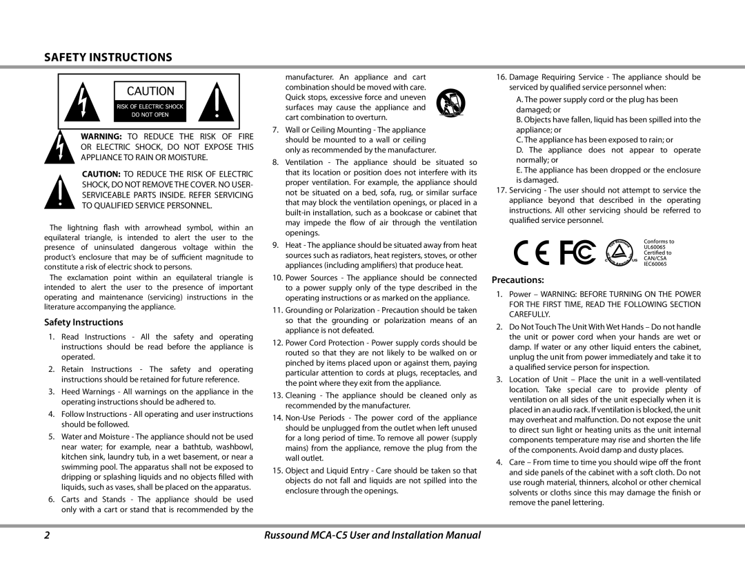 Russound installation manual Safety Instructions, Russound MCA-C5User and Installation Manual 