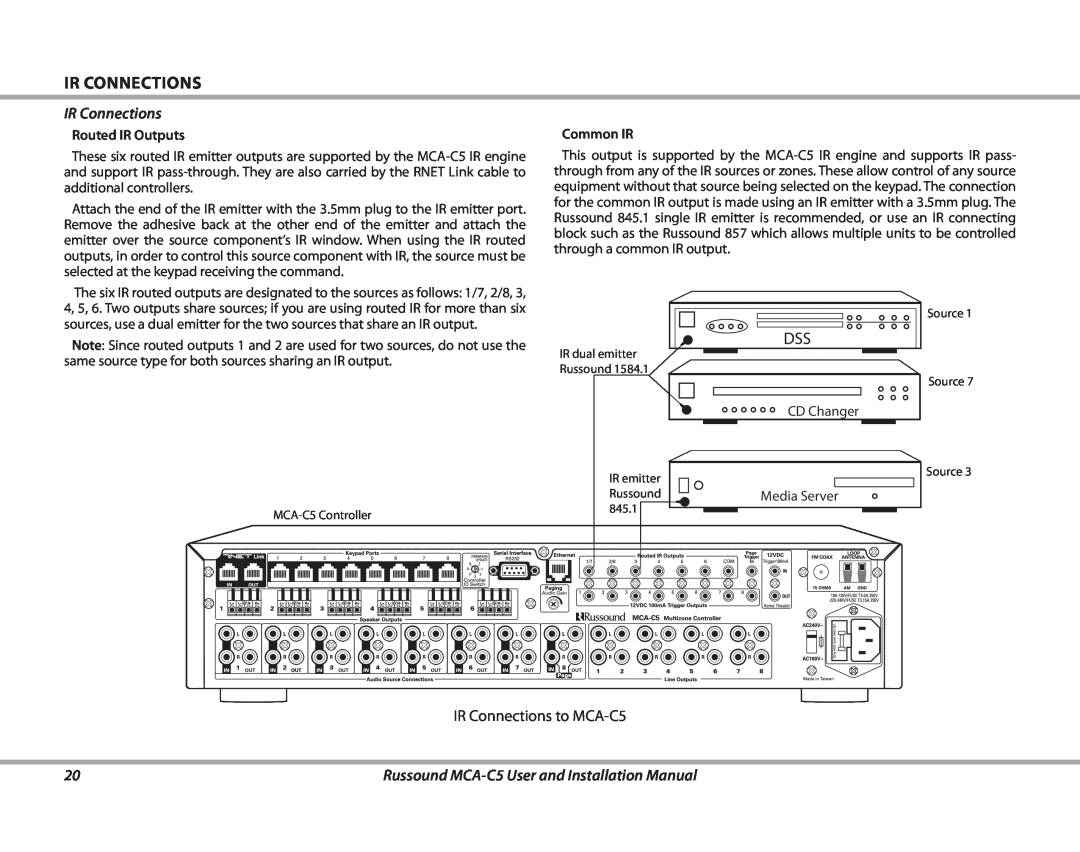 Russound installation manual IR Connections to MCA-C5, Russound MCA-C5User and Installation Manual 