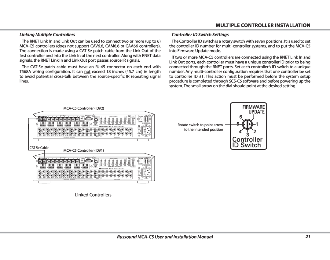 Russound MCA-C5 Multiple Controller INstallation, Linking Multiple Controllers, Controller ID Switch Settings 