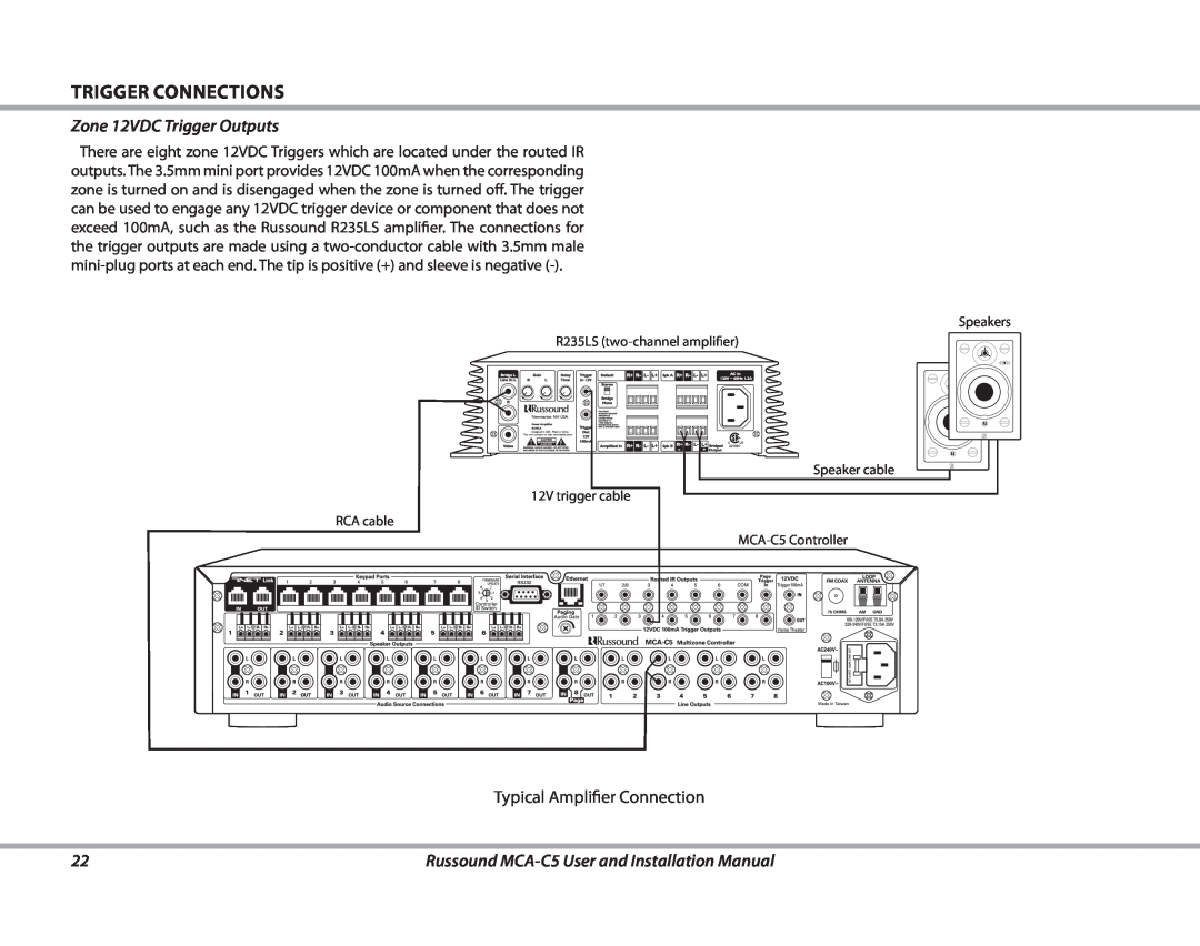 Russound MCA-C5 installation manual Trigger Connections, Zone 12VDC Trigger Outputs, Typical Amplifier Connection 