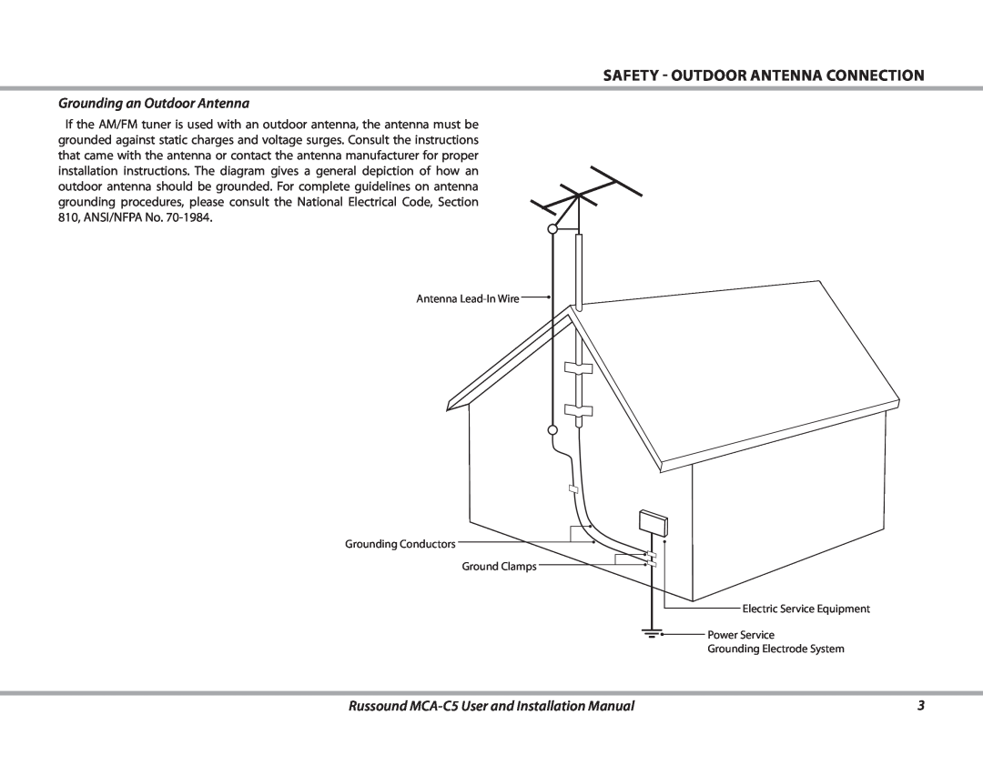 Russound MCA-C5 installation manual Safety - Outdoor Antenna Connection, Grounding an Outdoor Antenna 