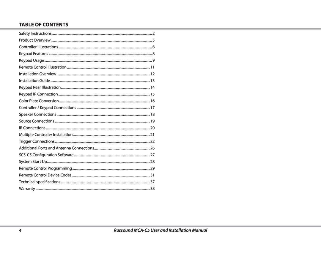 Russound installation manual Table Of Contents, Russound MCA-C5User and Installation Manual 