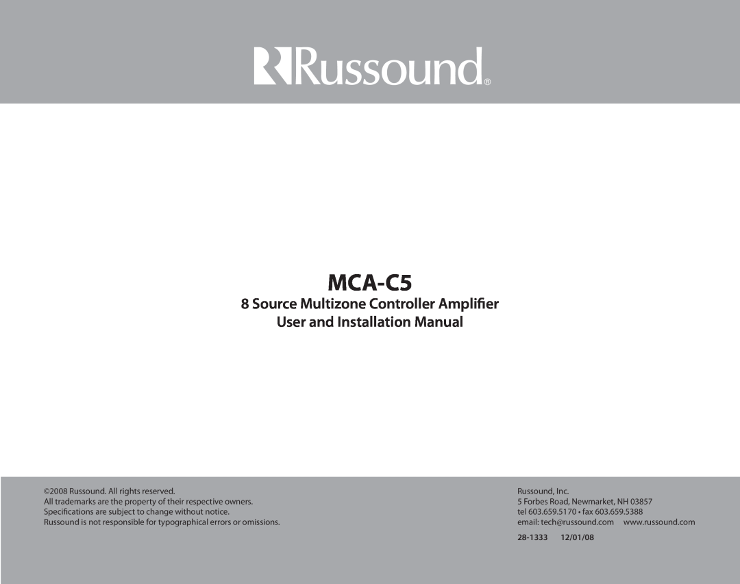 Russound MCA-C5 installation manual Source Multizone Controller Amplifier, User and Installation Manual 