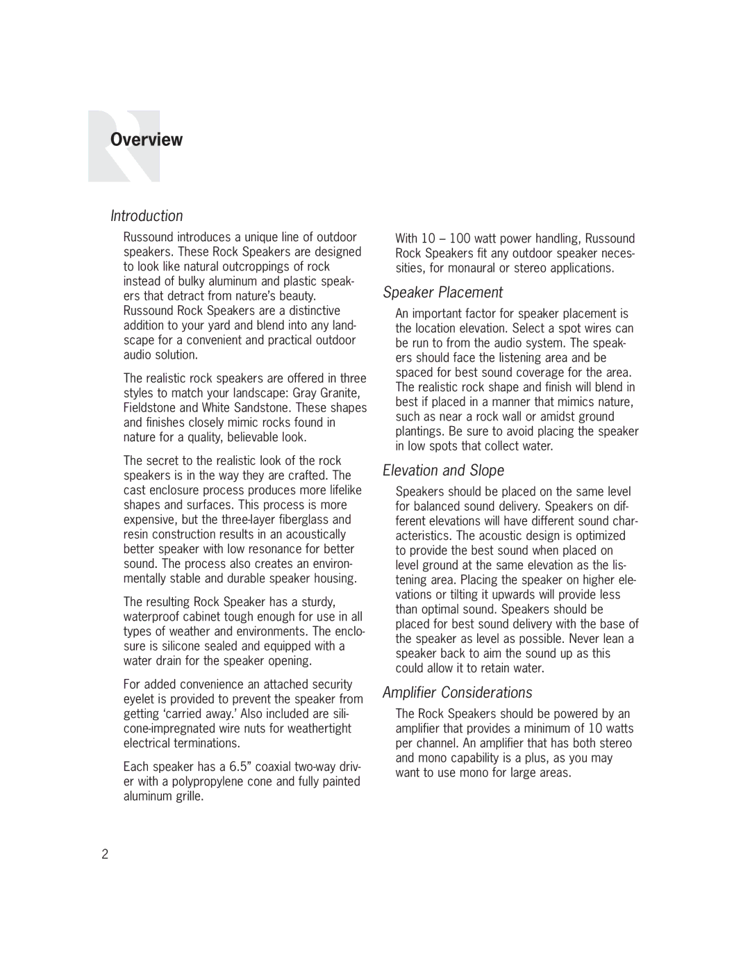 Russound OB-R6G, OB-R6W, OB-R6F Overview, Introduction, Speaker Placement, Elevation and Slope, Amplifier Considerations 