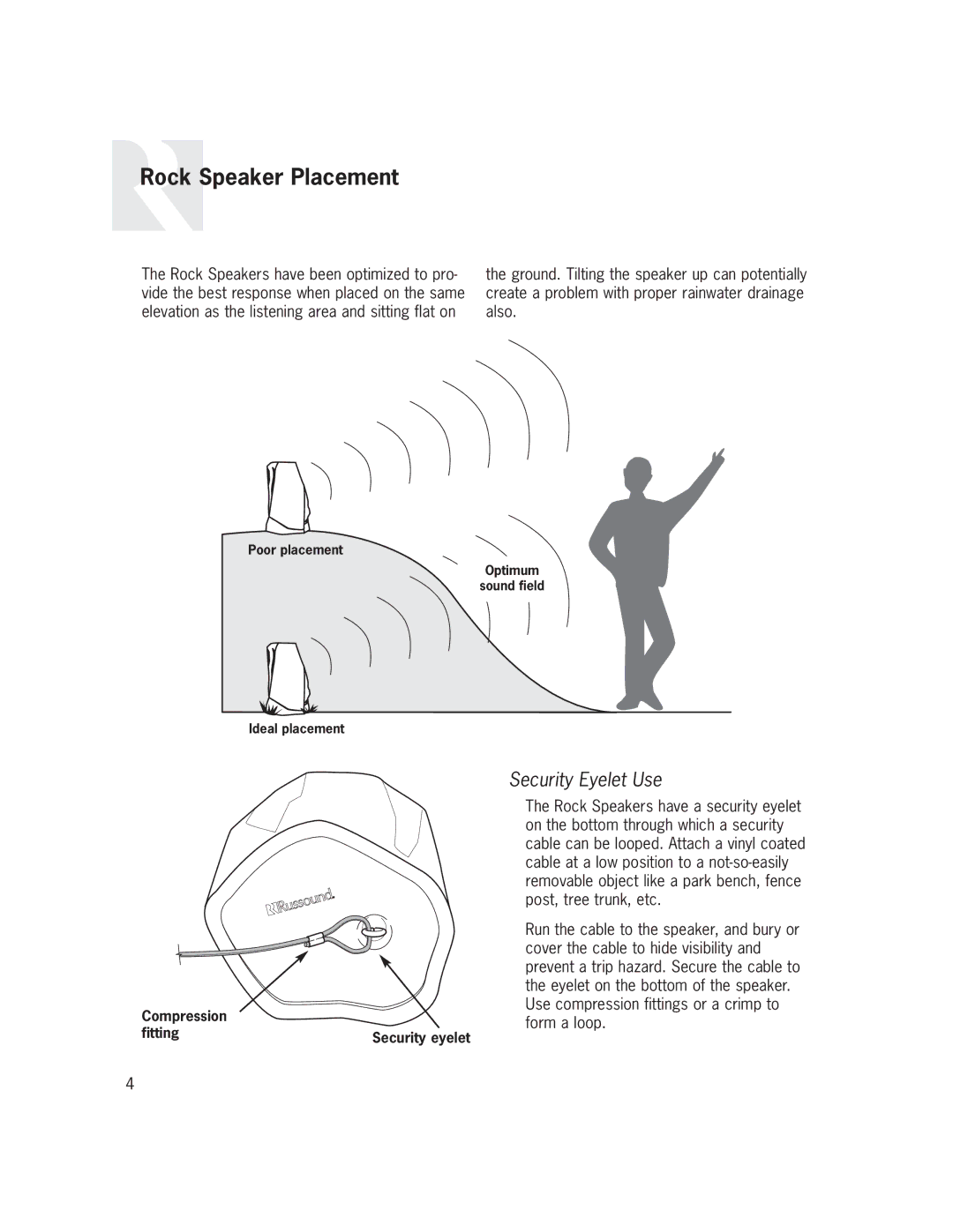 Russound OB-R6F, OB-R6W, OB-R6G owner manual Rock Speaker Placement, Security Eyelet Use 