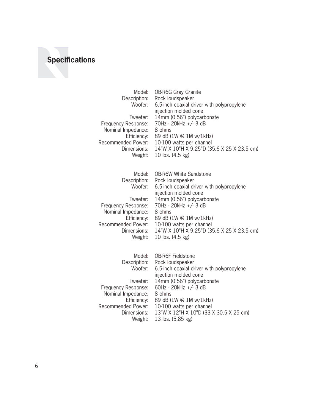 Russound OB-R6W, OB-R6F, OB-R6G owner manual Specifications 