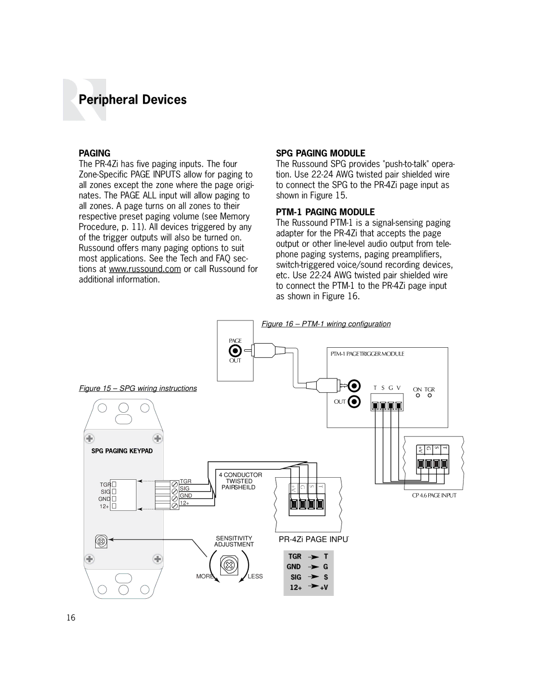 Russound PR-4Zi instruction manual Paging SPG Paging Module, PTM-1 Paging Module 