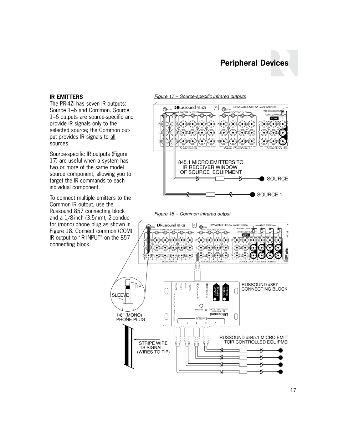 Russound PR-4Zi instruction manual IR Emitters, Source-specific IR outputs Figure 