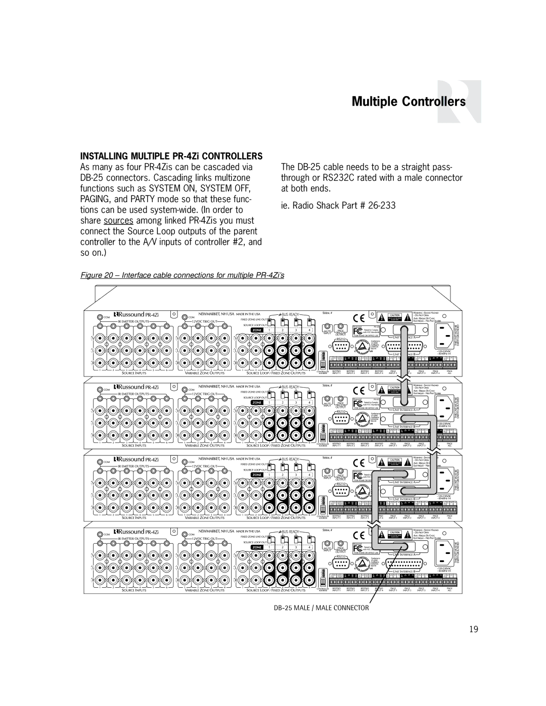 Russound instruction manual Multiple Controllers, Interface cable connections for multiple PR-4Zi’s 