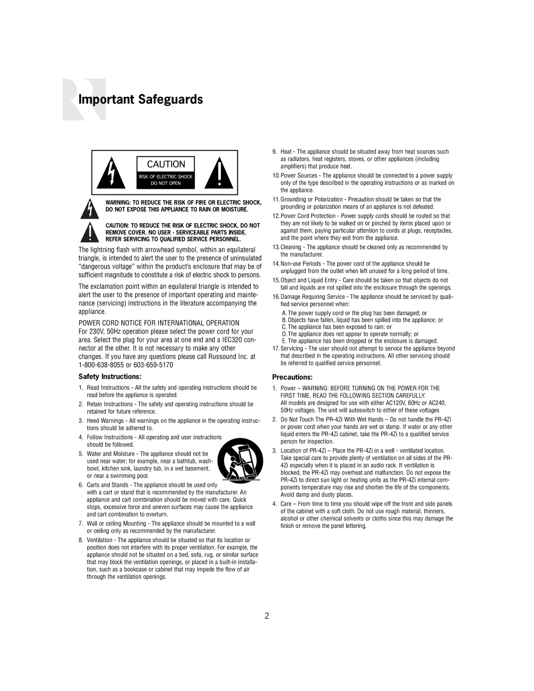 Russound PR-4Zi instruction manual Important Safeguards, Power Cord Notice for International Operation 