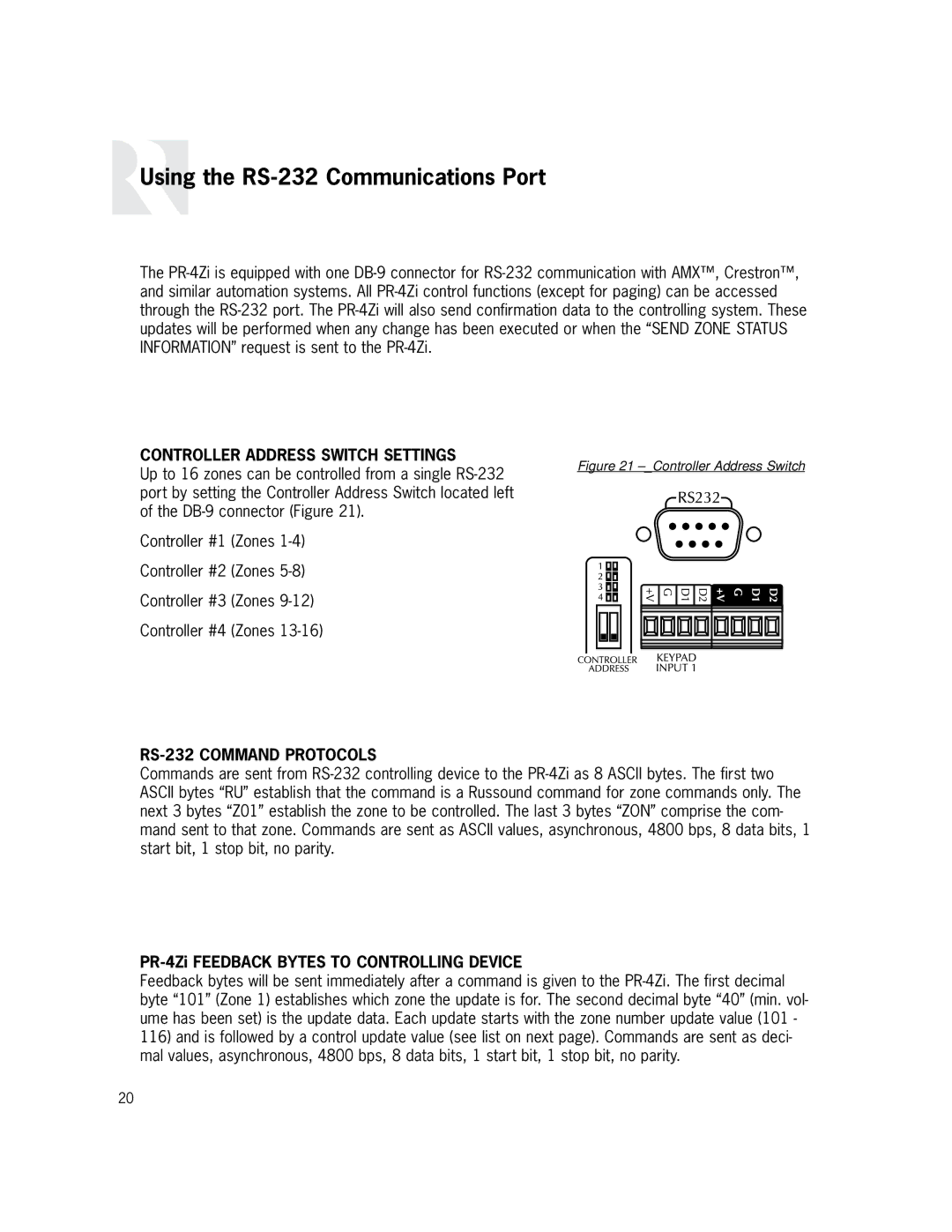 Russound PR-4Zi Using the RS-232 Communications Port, Controller Address Switch Settings, RS-232 Command Protocols 