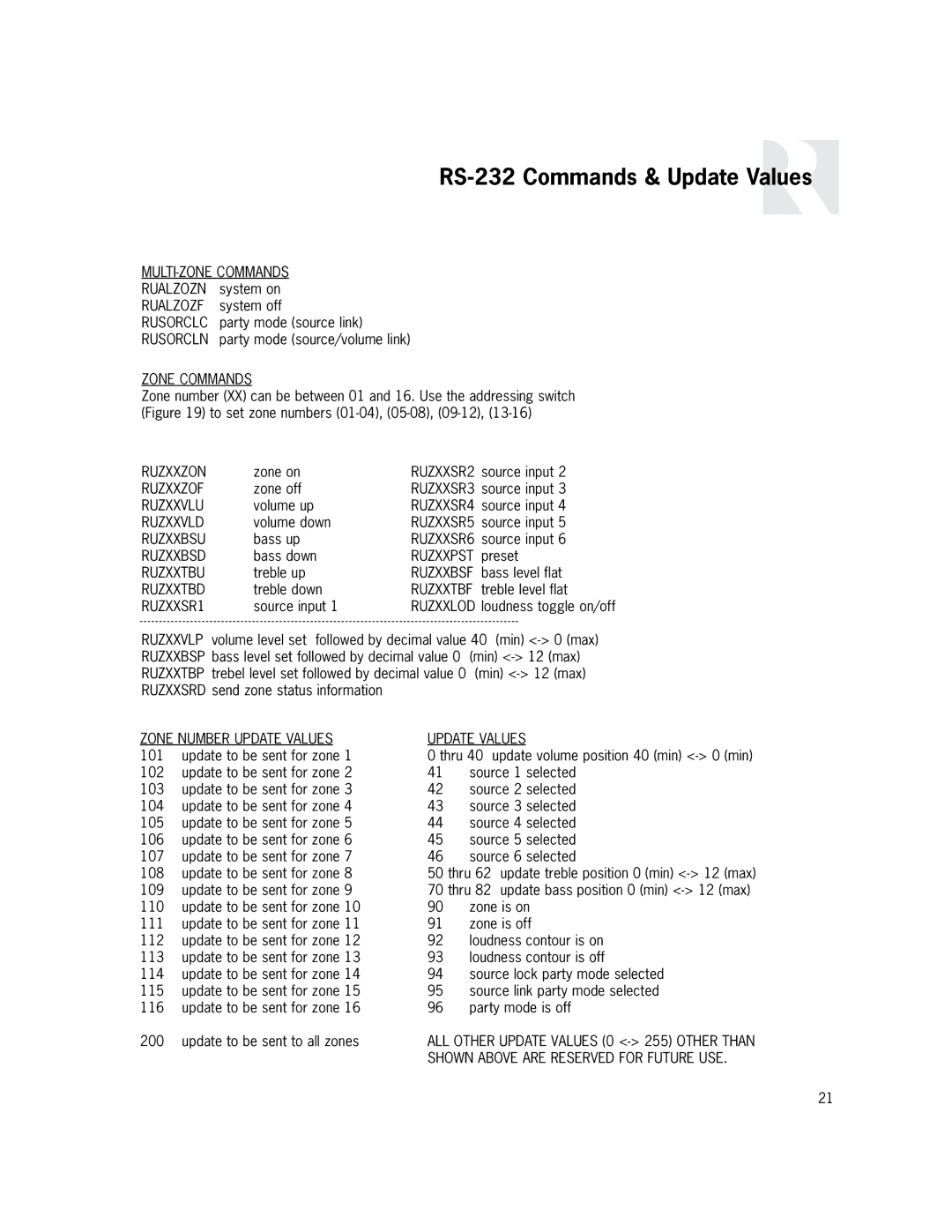 Russound PR-4Zi instruction manual RS-232 Commands & Update Values, MULTI-ZONE Commands 