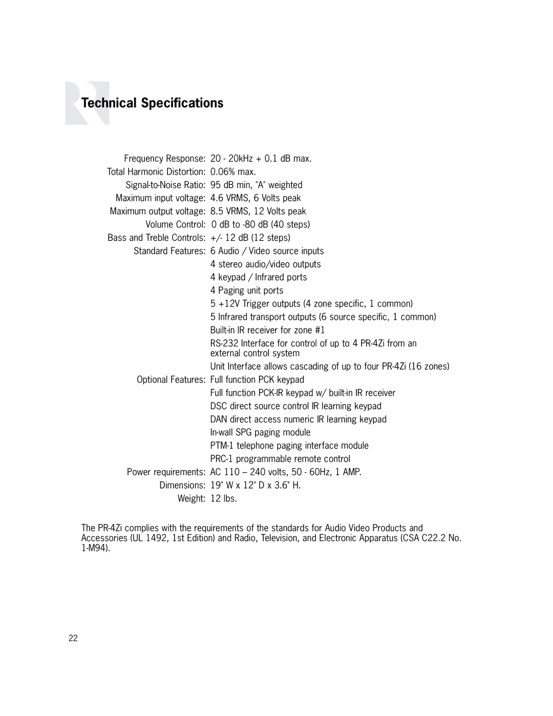 Russound PR-4Zi instruction manual Technical Specifications 