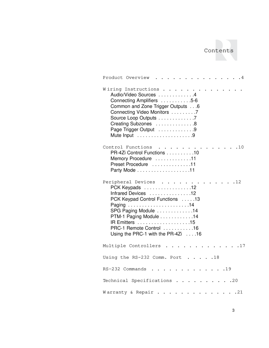 Russound PR-4Zi instruction manual Contents 