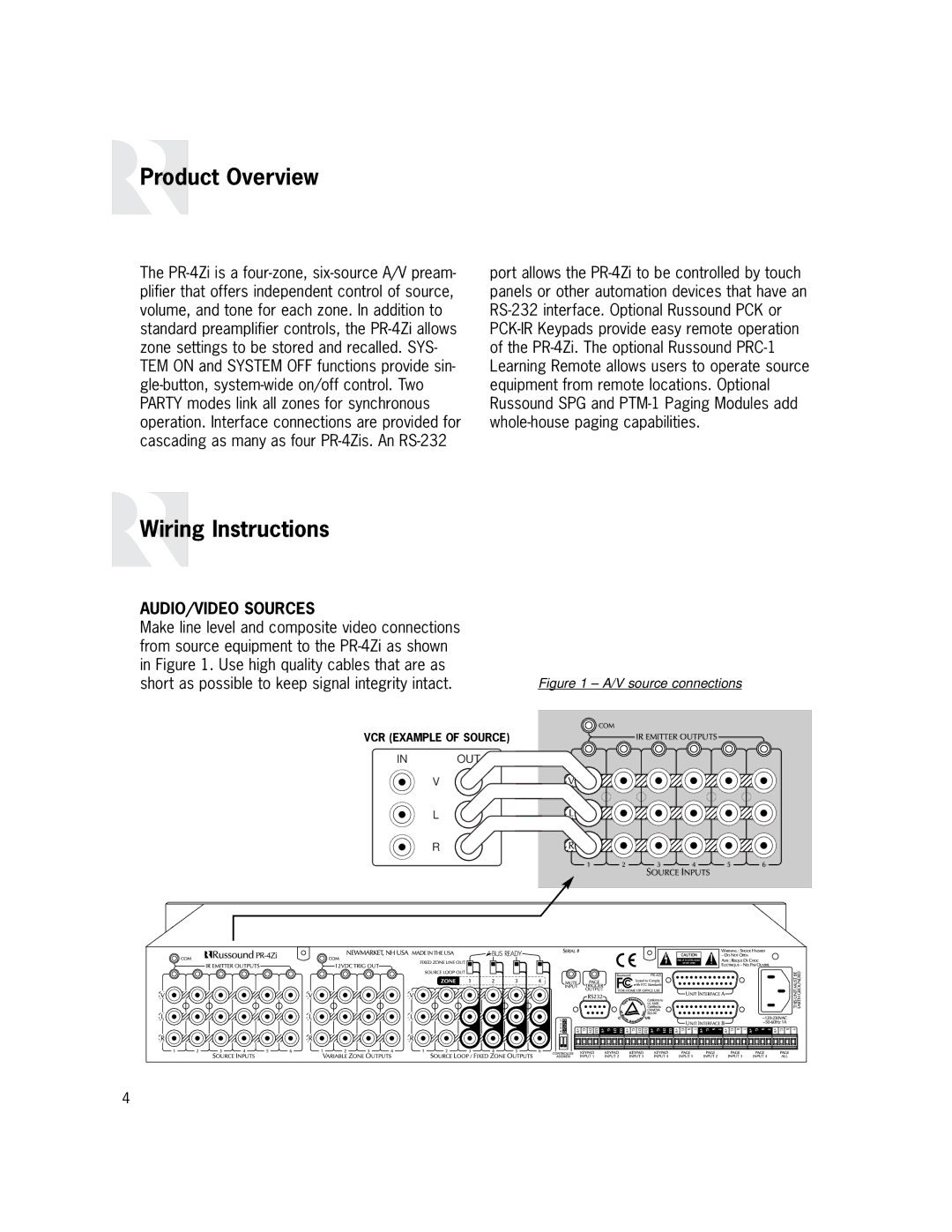 Russound PR-4Zi instruction manual Product Overview, Wiring Instructions, AUDIO/VIDEO Sources 