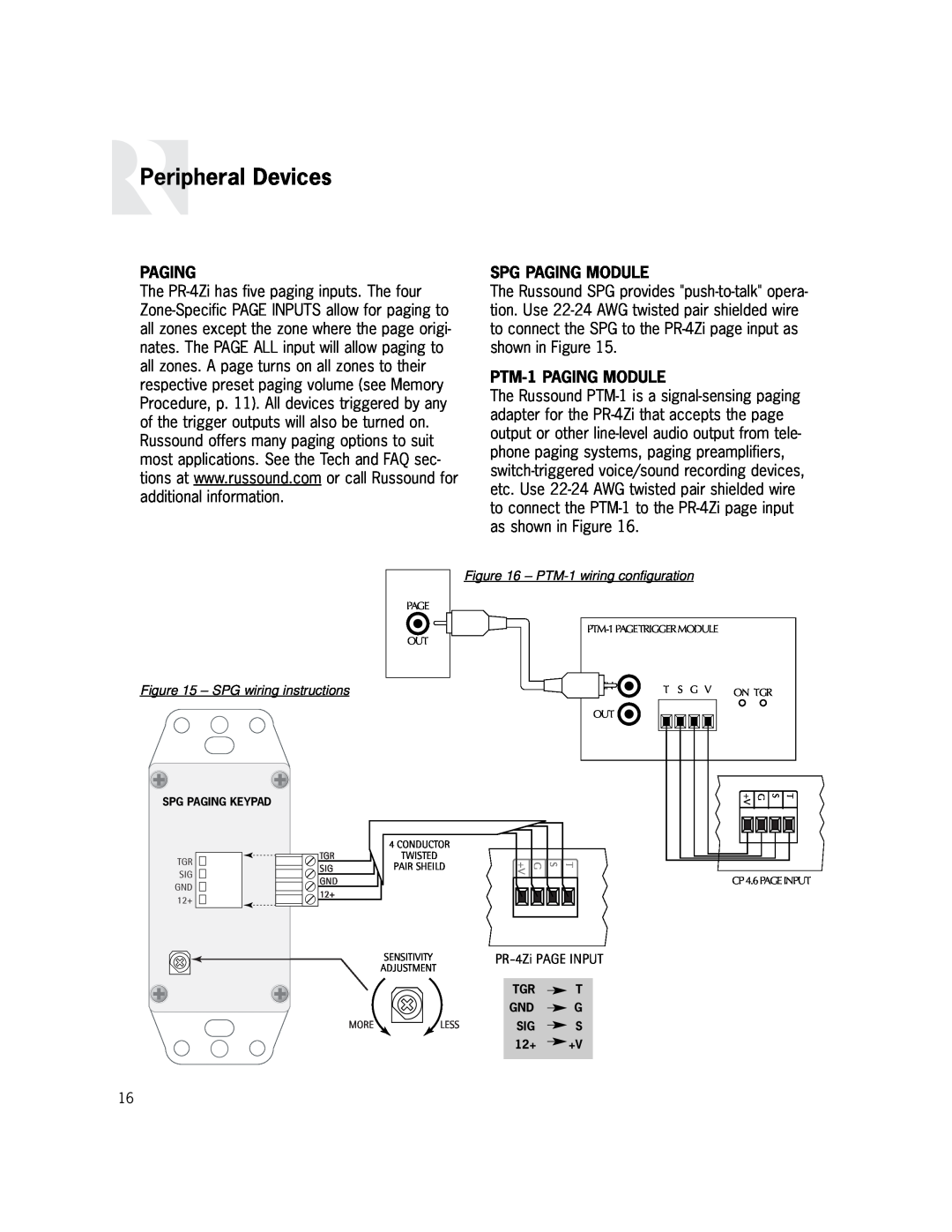 Russound PR-4Zi instruction manual Peripheral Devices, Spg Paging Module, PTM-1PAGING MODULE, SPG wiring instructions 