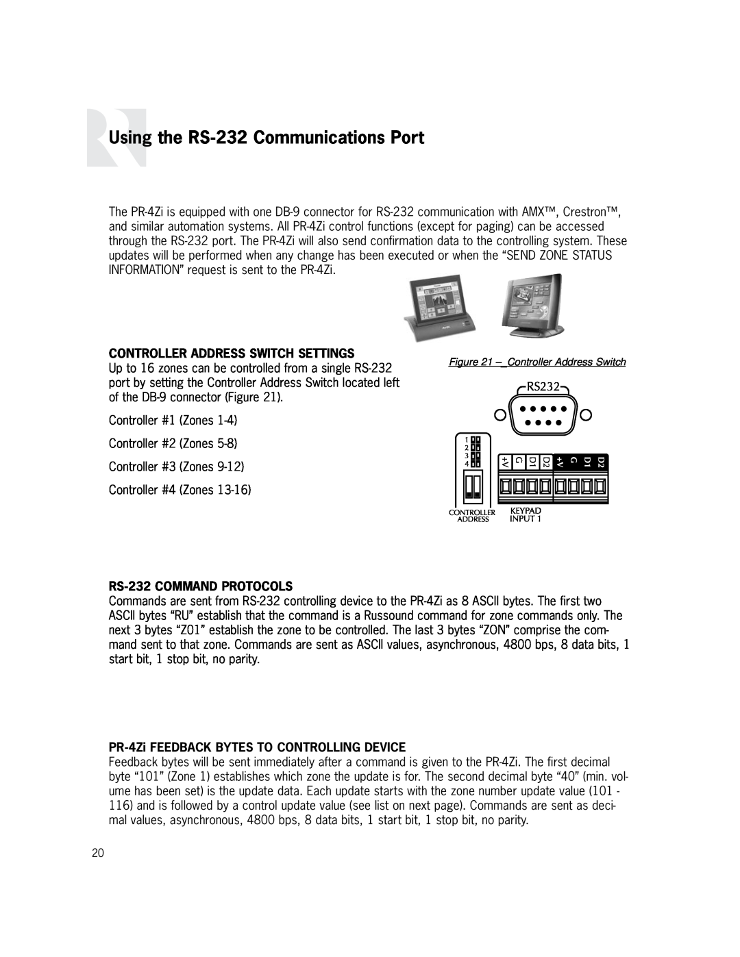 Russound PR-4Zi Using the RS-232Communications Port, Controller Address Switch Settings, RS-232COMMAND PROTOCOLS 