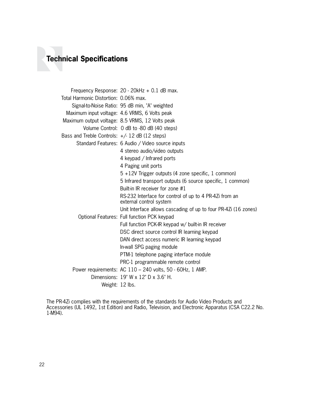 Russound PR-4Zi instruction manual Technical Specifications 