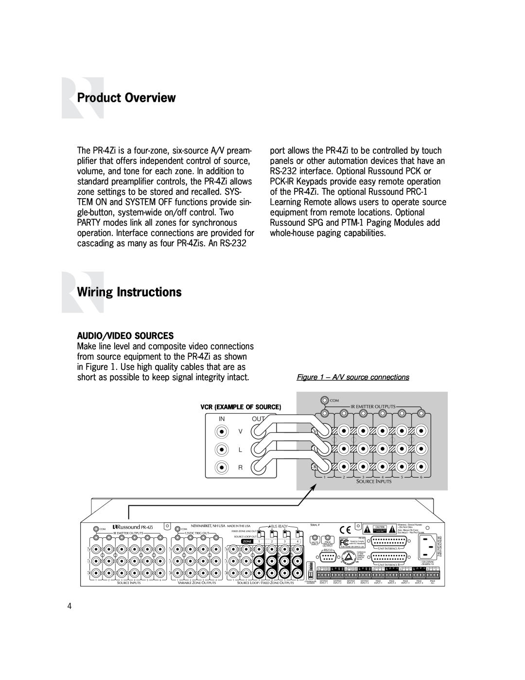 Russound PR-4Zi instruction manual Product Overview, Wiring Instructions, Audio/Video Sources 