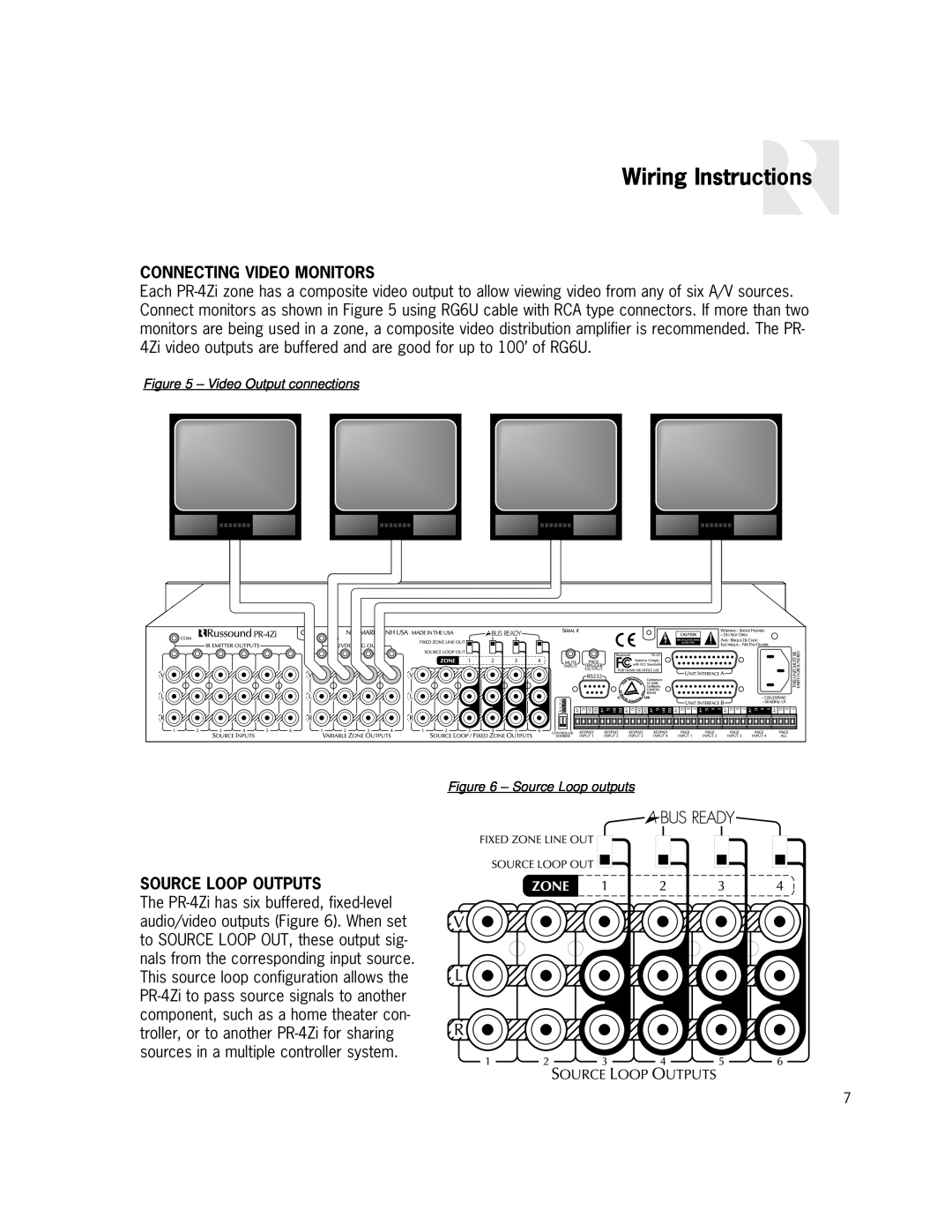 Russound PR-4Zi instruction manual Wiring Instructions, Connecting Video Monitors, Source Loop Outputs 