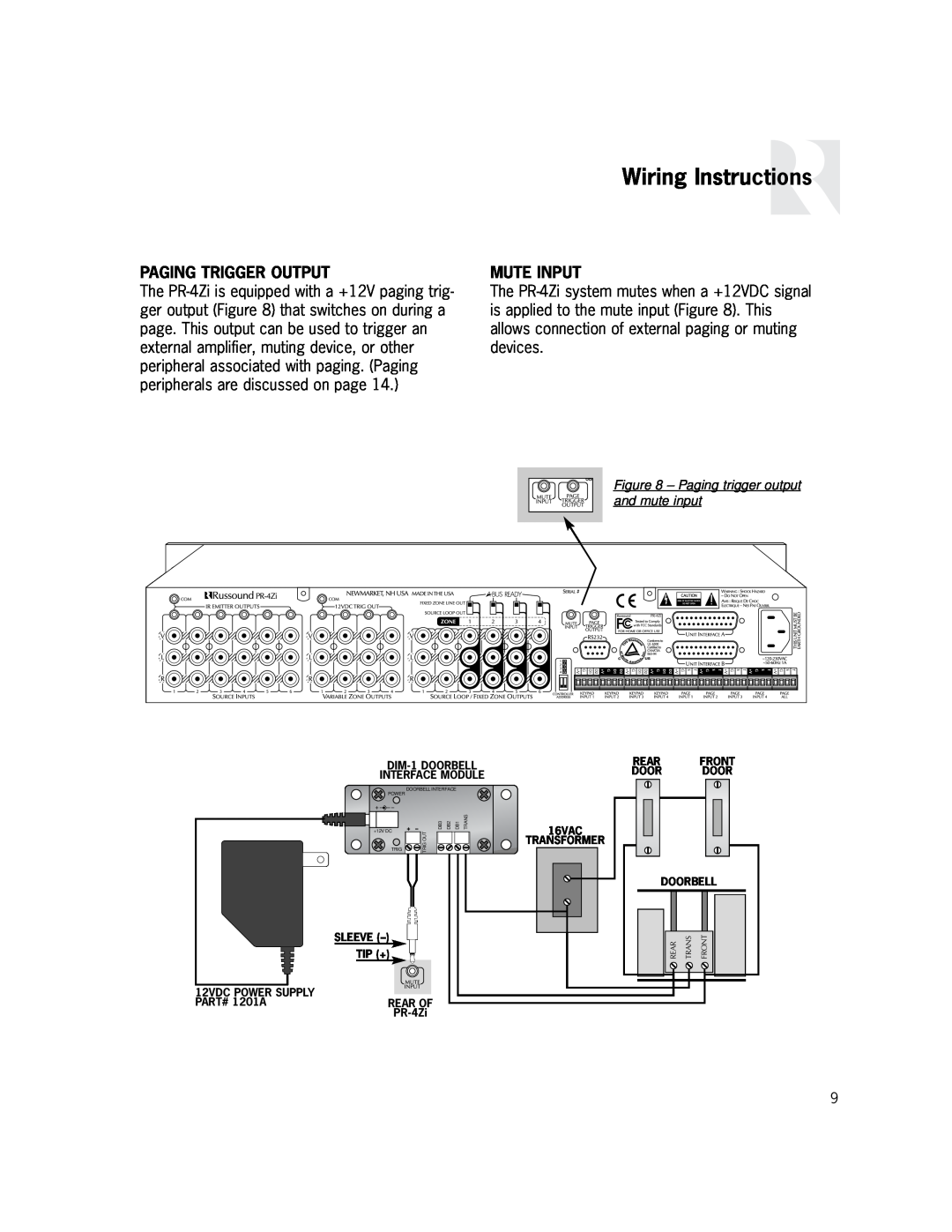 Russound PR-4Zi Wiring Instructions, Paging Trigger Output, Mute Input, Paging trigger output and mute input 