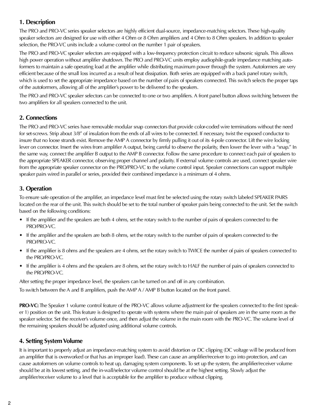 Russound PRO-VC instruction manual Description, Connections, Operation, Setting System Volume 