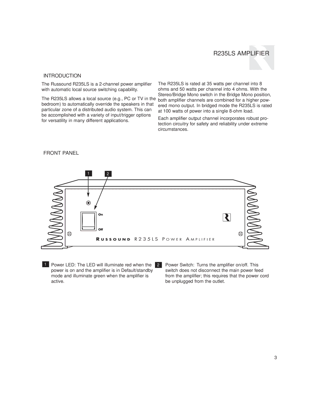 Russound R-Series user manual R235LS Amplifier, Introduction, Front Panel 