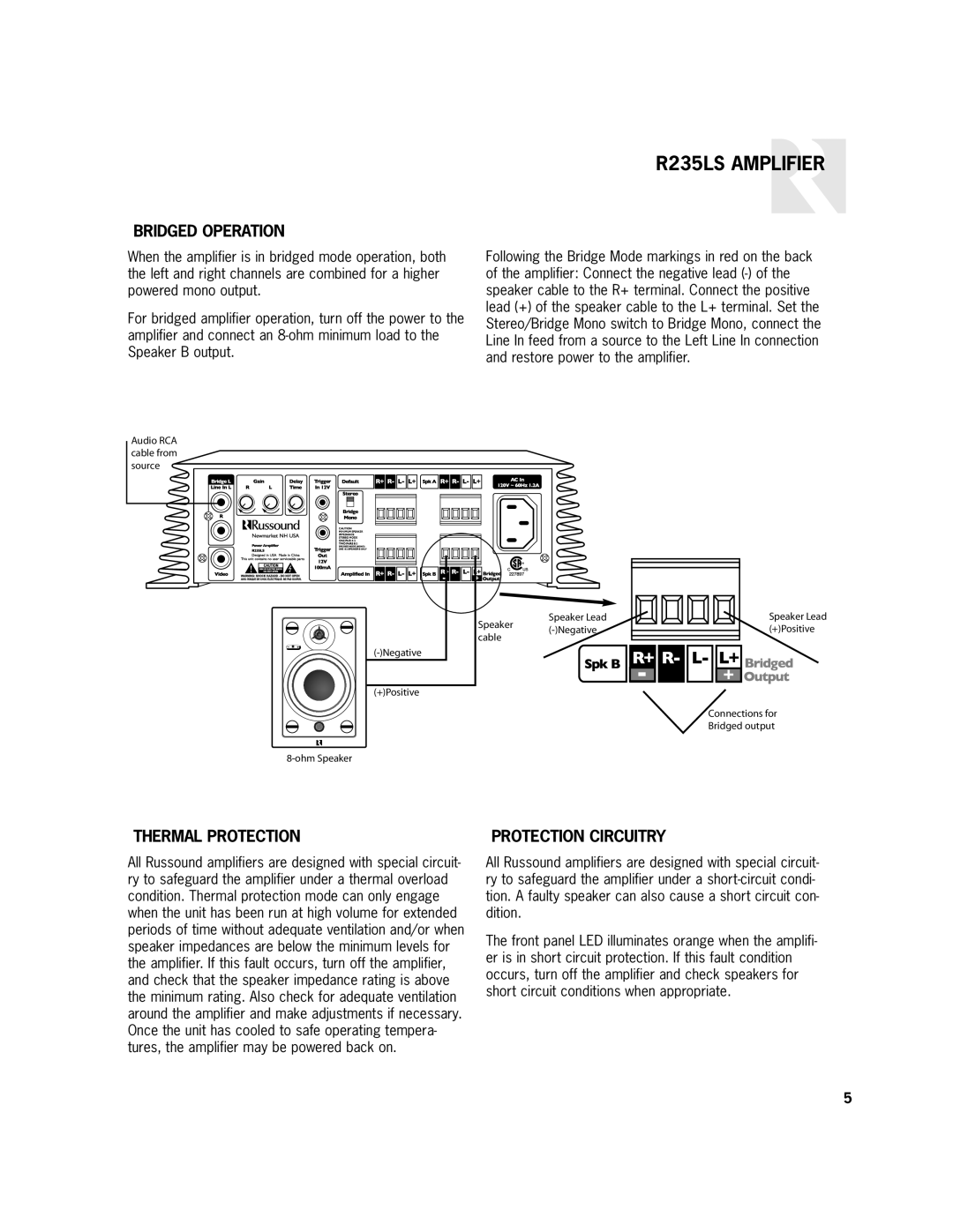 Russound R235LS, R-Series user manual Bridged Operation, Thermal Protection, Protection Circuitry 