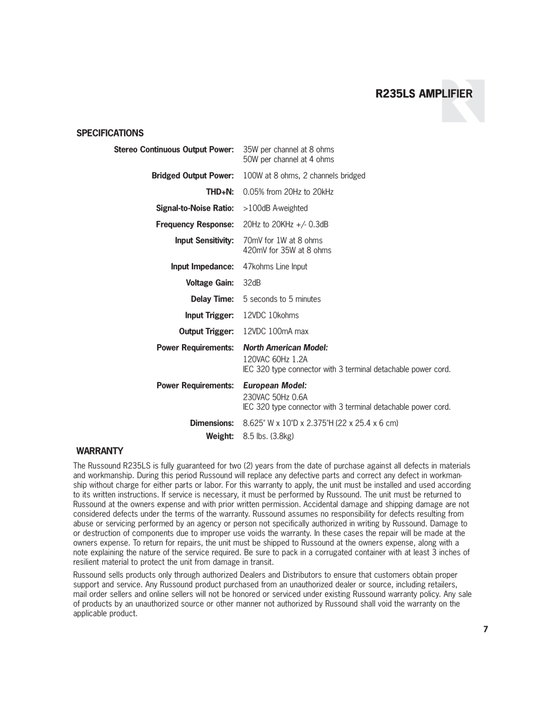 Russound R-Series user manual Specifications, R235LS AMPLIFIER, North American Model, European Model 