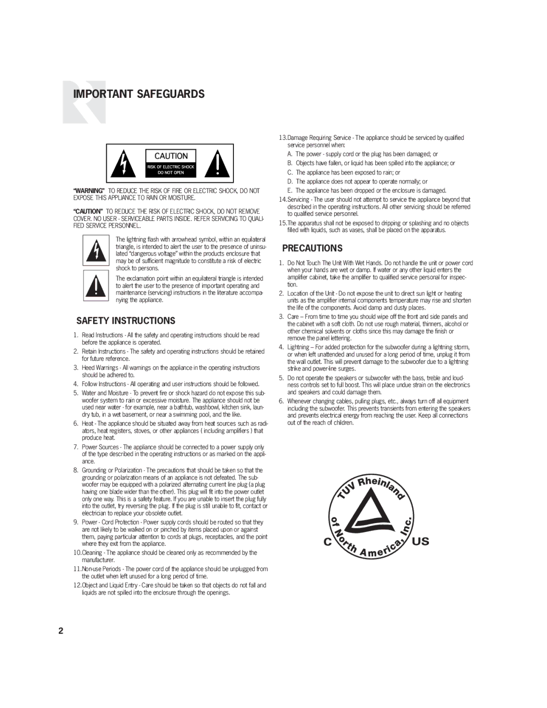 Russound R10DT user manual Important Safeguards, Safety Instructions, Precautions 