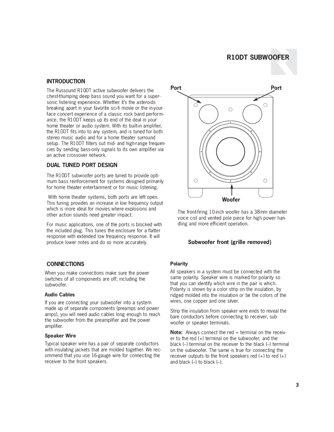 Russound user manual R10DT Subwoofer, Introduction, Dual Tuned Port Design, Connections 