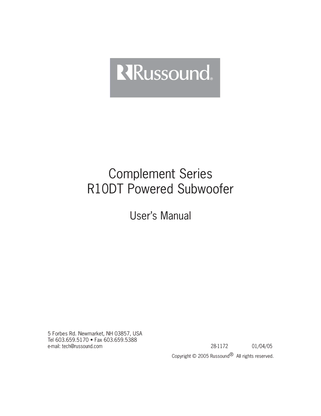 Russound user manual Complement Series R10DT Powered Subwoofer 