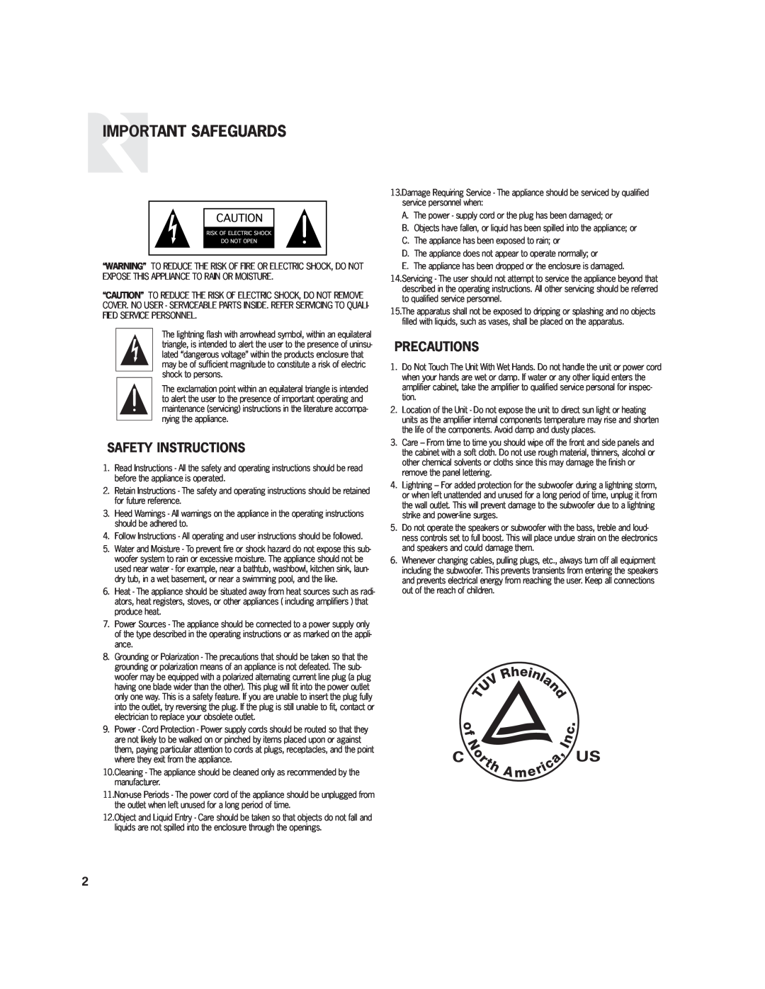 Russound R10DT user manual Important Safeguards, Safety Instructions, Precautions 