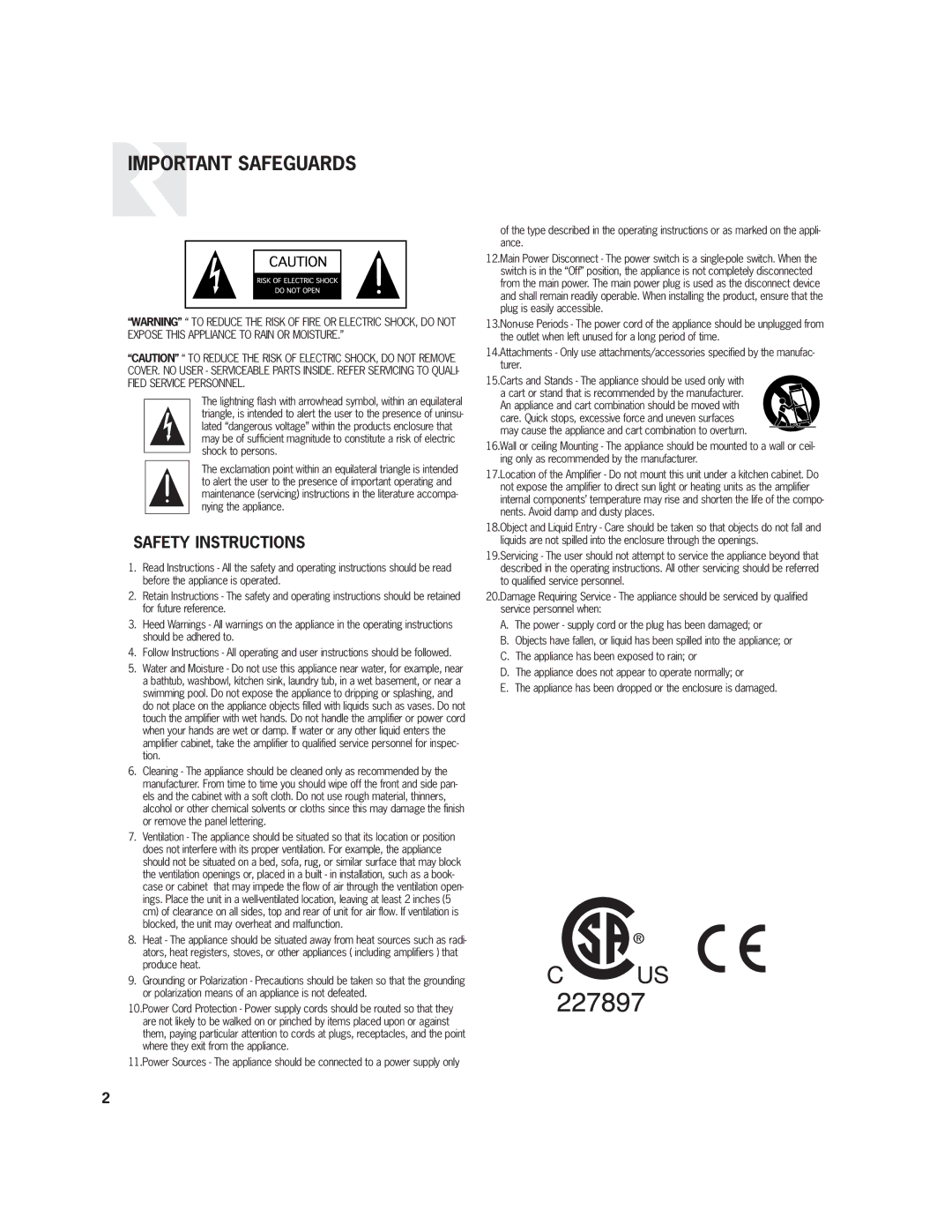 Russound R1250MC user manual Important Safeguards, Safety Instructions 