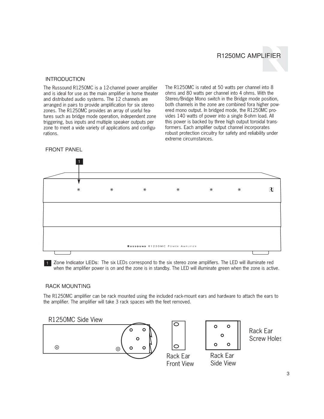 Russound user manual R1250MC Amplifier, Introduction, Front Panel, Rack Mounting 