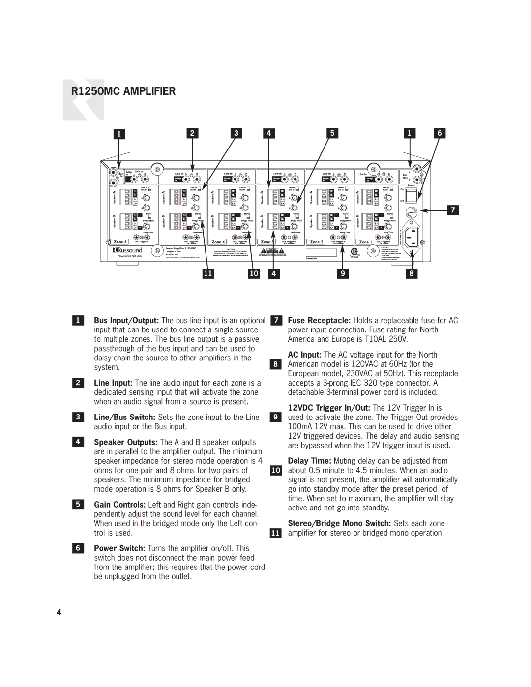 Russound R1250MC user manual Stereo/Bridge Mono Switch Sets each zone 