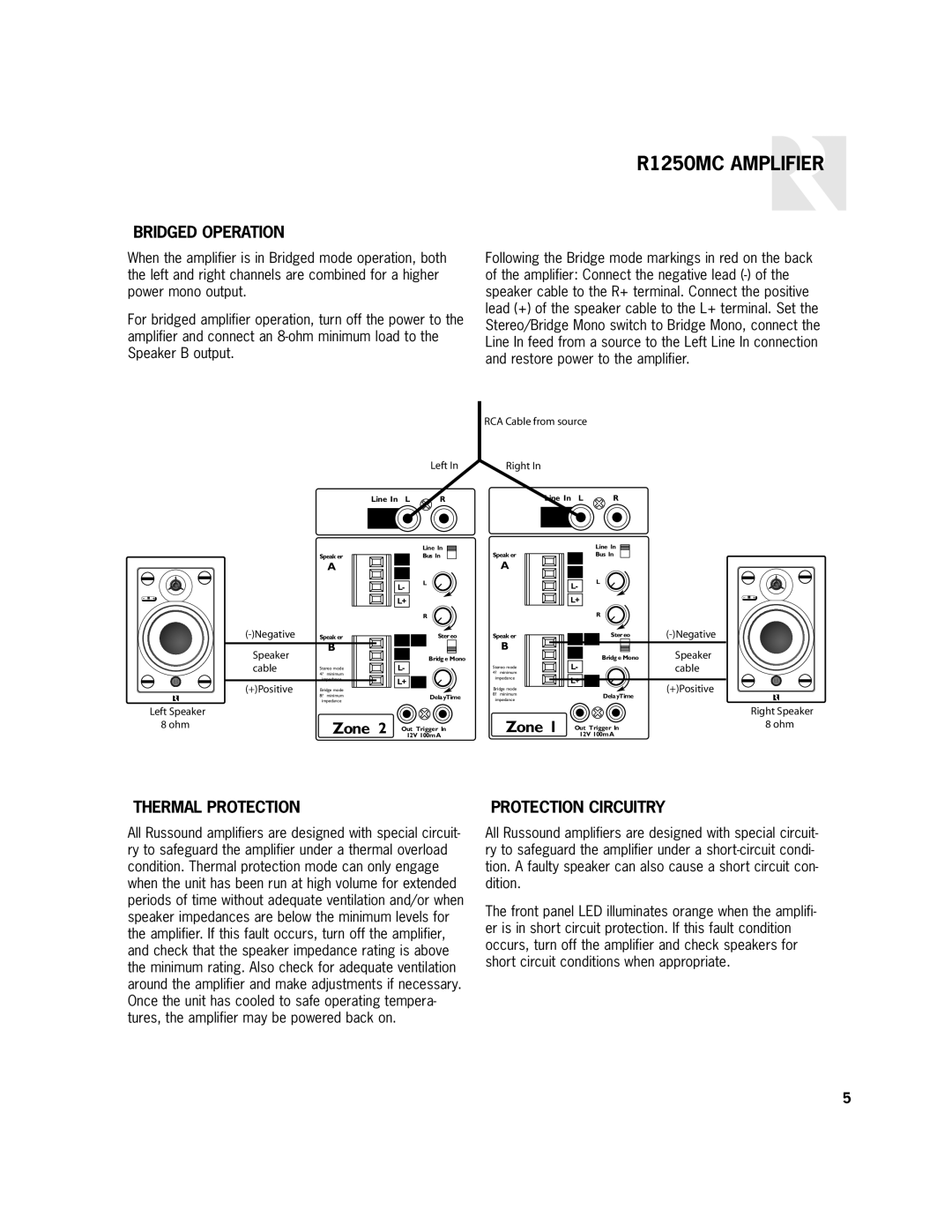 Russound R1250MC user manual Bridged Operation, Thermal Protection, Protection Circuitry 