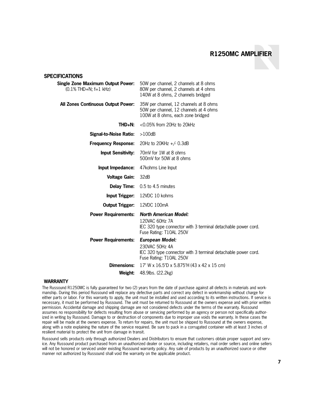 Russound R1250MC user manual Specifications, Thd+N, Warranty 