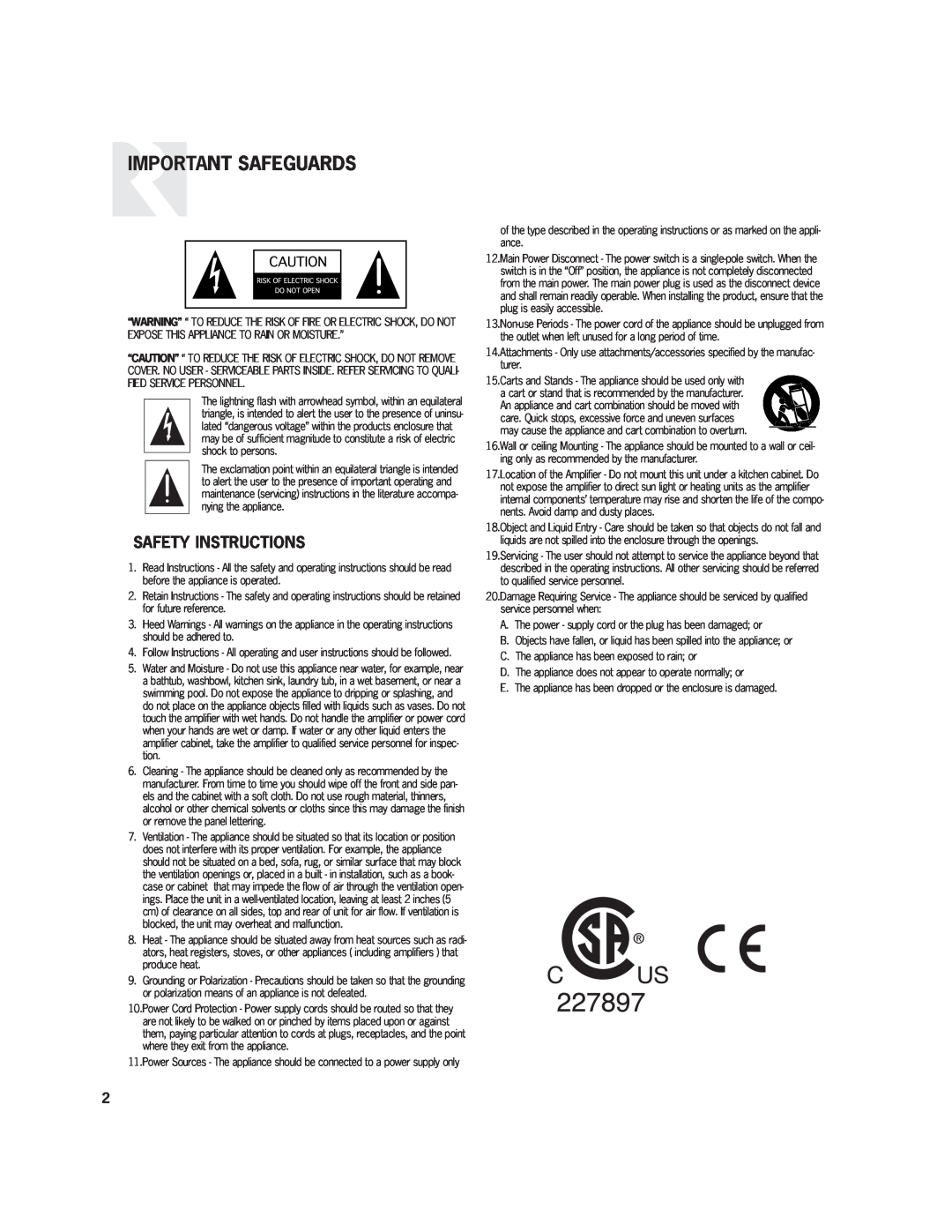 Russound R1250MC user manual Important Safeguards, Safety Instructions 